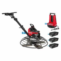 Battery-powered concrete trowel with 36-inch ring diameter for finishing and smoothing concrete surfaces. Electric engine with plastic blades. Includes three batteries. Dimensions: 14 in length, 8 in width. Construction: aluminum, plastic, rubber, steel.