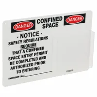 Red plastic holder for 11 in H x 8-1/2 in W confined space entry permits. Organizes and displays permit documentation at entry points to support safety compliance in industrial environments. Wall-mountable unit with black/red/white graphics