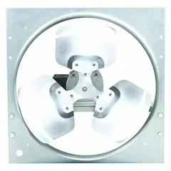 This direct-drive panel exhaust fan features a 20-inch blade driven by a 1/2 hp motor, delivering 4495 cfm for general ventilation. It operates on 115/230V AC single-phase power with a single speed. The totally enclosed air-over motor with Class B insulation is housed in a galvanized steel frame with stamped construction. The fan is supplied assembled without intake guards, suitable for removing heat, fumes, or stale air in industrial and commercial facilities.