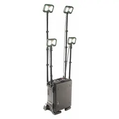 This PELICAN wheeled-cart remote area light delivers 5,300 lumens maximum brightness from a single LED level. It operates on 12V DC and is rated IP54 for dust and splash resistance. The black frame and wheeled cart design make it suitable for temporary job site lighting in construction, emergency response, and outdoor work zones.