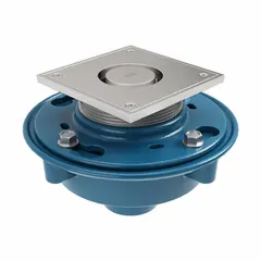 Cast iron square floor drain with 2 in nominal pipe size and No Hub connection. Overall diameter 8 3/8 in, height 6 in. Used for surface water drainage in commercial and institutional buildings.