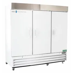 General purpose upright lab refrigerator with 72 cu ft capacity. Maintains temperature range of 1°C to 10°C. Features three solid swing doors with right-hand opening, temperature alarm, and uses R-290 refrigerant. Overall depth 34 inches. Suitable for storage of temperature-sensitive laboratory materials.