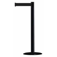This retractable belt post barrier features a black plastic post and a 7 1/2 ft black belt with no pattern or legend, mounted on a cast iron base. It is used for crowd control, queue management, and access restriction in commercial and industrial settings where a neutral visual barrier is needed.