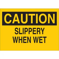 This non-retroreflective adhesive sign warns of slippery floor hazards. Made of polyester, it mounts easily on walls, doors, or equipment. Nominal size is 3 1/2 in x 5 in. Suitable for indoor use where slip warnings are needed.