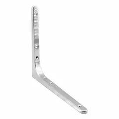 18-8 stainless steel shelf bracket with satin finish. Measures 7 53/64 in length, 9 29/64 in height, 45/64 in width. Supports 61 lb capacity. Suitable for industrial shelving, cabinetry, and workstations.