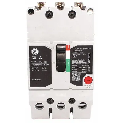 GE Molded Case Circuit Breaker: 60 A Amps, 65kA at 277/480V AC, Fixed, Lug - TEY-Frame GE Molded Case Circuit Breakers
