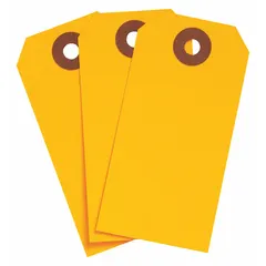 Fluorescent orange cardstock shipping tag, 30 points thick, measuring 3-3/4 inches high by 1-7/8 inches wide. Sold in packs of 1,000. Used for identifying and tracking shipments, inventory, or work-in-progress in industrial and warehouse environments, with high-visibility color for safety or priority marking.