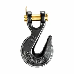 This narrow-opening grab hook is made from alloy steel with a grade 80 rating. It accommodates material up to 1 5/16 inches thick and is used for lifting applications in rigging and material handling, such as attaching to chain slings or wire rope to connect loads.