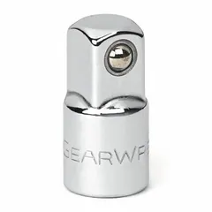 This square-drive socket adapter converts a 3/8" drive tool to accept 1/2" drive sockets. Constructed with a chrome finish, it has a 1" overall length. No locking mechanism is included. Suitable for applications requiring drive size conversion in automotive, equipment maintenance, and general assembly tasks.