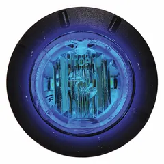 Round surface-mount LED courtesy light operating at 12.8V DC. Features a blue lens and male bullet connector for electrical connection. Suitable for interior cargo areas, utility vehicles, and marine compartments where low-glare illumination is needed.