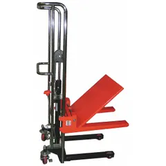 This platform lift truck has an 880 lb capacity and a steel platform measuring 25 5/8 in L x 22 3/4 in W. The lift range is from 3 3/8 in to 47 in. It is equipped with two swivel casters with brake for mobility and stability. Used for lifting and moving loads in warehouses, manufacturing, and distribution facilities.