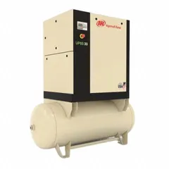 Horizontal rotary screw air compressor rated at 30 hp and 107 cfm, with a 120 gal tank (not included) and 460V AC three-phase power. Designed for continuous-duty applications such as powering pneumatic tools, automation equipment, and process air systems in manufacturing and assembly plants.