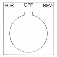 Square non-metallic plastic legend plate for 30 mm panel mounting. White plate with black English text 'For-Off-Rev' and a notch. Overall height and width 1 13/16 in. Used to label push-button stations in industrial control panels