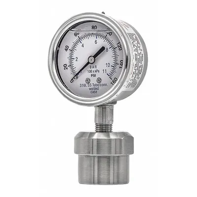 PIC GAUGES Pressure Gauge with Diaphragm Seal: 0 psi to 160 psi, 301L/0JJJ, 2 1/2 in Dial - Dial Pressure Gauges with 316 SS Female-Threaded Mini-Seal