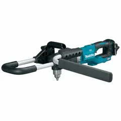 This battery-powered earth auger operates on the 40V XGT platform and is supplied as a bare tool without battery or charger. It features counter-clockwise rotation and a maximum drilling capacity of 7 7/8 inches. Typical applications include drilling holes in soil for fence posts, signposts, tree planting, and landscaping.
