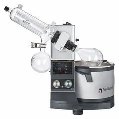 This HEIDOLPH manual lift rotary evaporator features a 5 L capacity, speed range of 10 to 280 RPM, and 1300 W heating capacity. It includes a G1 diagonal condenser and a vacuum controller, with the ability to define and save evaporation process ramps. Suitable for solvent removal in laboratory settings.