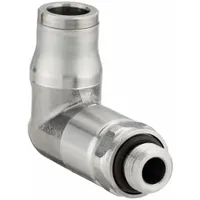 This stainless steel elbow fitting combines a G1/8 BSPP male thread with a push-to-connect port for 8 mm OD tubing. It is used to create secure, leak-free connections in pneumatic and fluid-handling systems, enabling efficient installation and maintenance