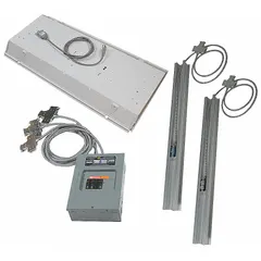 Pre-wired modular lighting, outlet, and wiring kit for Porta-King Modular In-Plant Offices. Includes a 4 ft x 2 ft LED fixture, cover plate, and electrical schematic. Compatible with 12 ft building depth. Gray finish.