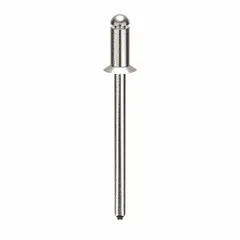 Flush-mount blind rivet with 0.122" diameter and 1 17/50" length. Body length 1/4", overall length 1 11/32". Plain finish. Supplied in a pack of 500. Used for fastening sheet metal, panels, and assemblies where a smooth finish is required.
