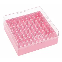 This WHEATON freezer box is made of resin and measures 130 mm in overall length and 130 mm in overall width. It is designed for organizing and protecting samples in freezer environments, suitable for use in laboratories and biobanks.