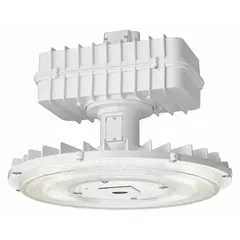 Round LED bay light delivering 12,574 lumens at 5000K color temperature, operating on 277V AC. Designed as a replacement for 250W HPS/MH fixtures with a narrow distribution pattern suitable for mounting heights of 10 ft to 20 ft. Used for general illumination in industrial and commercial spaces such as warehouses and factories.