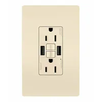 USB Receptacle: Duplex, 5-15R, 2 USB Ports, USB Type A, Light Almond, 125V AC, 15 A, GFCI (MPN 1597TRUSBAALA)