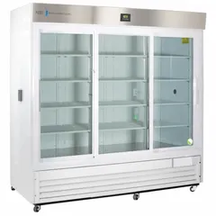 This upright chromatography refrigerator provides a temperature range of 1°C to 10°C for storing temperature-sensitive biological samples, reagents, and chromatography media. It features a sliding glass door, white finish, temperature alarm, and uses R-290 refrigerant. Suitable for laboratory environments requiring precise cold storage.