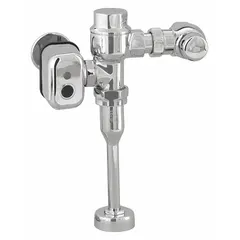 Electric urinal automatic flush valve with 0.5 gallons per flush (gpf) rating. Features a top spud location and 11-1/2 inch rough-in. Suitable for commercial restroom applications requiring sensor-operated flush control.
