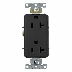 General purpose duplex receptacle rated 125V AC and 20A with NEMA 5-20 configuration. Black thermoplastic body, 2-pole/3-wire grounding design. Suitable for commercial and industrial environments where 20A, 125V power is required for equipment and appliances.