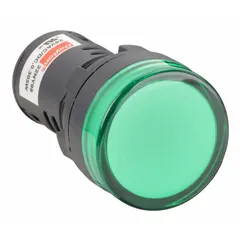 This LED indicator pilot light is designed for 22 mm panel mounting holes and features a raised head. It uses an M3.5 screw electrical connection. Typical applications include signaling machine status or process conditions on industrial control panels in manufacturing and automation environments.