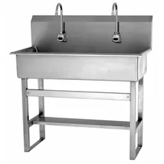 This two-station freestanding wash station features sensor-activated faucets with a 2 gpm flow rate. Constructed from 16-gauge material, it has a 37-inch bowl length and 8-inch bowl depth. Battery powered, suitable for commercial handwashing applications where side splash is not required.