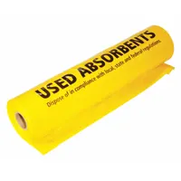 This 33-gallon polyethylene bag is designed for collecting and disposing of used absorbents in industrial spill cleanup. It measures 38 x 38 x 36 inches with a 6-mil thickness, features a yellow color with 'Used Absorbents' legend, and includes ties for closure. The flat seal type ensures secure containment