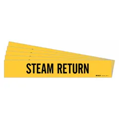 Yellow adhesive pipe marker with black legend reading 'Steam Return', designed for pipes with outer diameters from 2-1/2 to 7-7/8 inches. Each pack contains 5 markers without directional arrows, used to identify steam return lines in industrial piping systems.