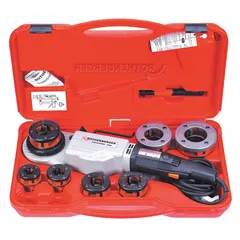 Corded handheld pipe threader for NPT threading on steel pipes from 1/2 in to 2 in. Includes support arm and uses 11R die head. Suitable for on-site threading in plumbing, HVAC, and industrial piping installations.