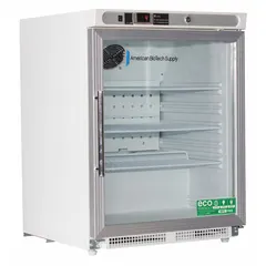 Undercounter lab refrigerator with 4.6 cu ft capacity, temperature range 1°C to 10°C, and R-600a refrigerant. Features a right-opening swing glass door, white finish, and temperature alarm. Overall depth 25 1/2 in. Suitable for storing temperature-sensitive laboratory samples, reagents, and media in spaces with limited floor area.
