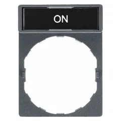Rectangular non-metallic plastic legend plate for 22 mm panel mounting. Black body with white 'On' legend in English. Measures 1 5/8 in overall height by 1 3/16 in overall width. Uses tab attachment. Part of the XB5 series. Used to label push-button actuators in industrial control panels for machine start or activation functions.