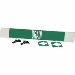 Green fiberglass carrier mounted with strapping pipe marker with white legend 'Drain' and directional arrows. Designed for pipes with outer diameter of 8 inches and larger. Used to identify drain piping in industrial and commercial facilities.