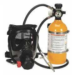 General-purpose partial supplied-air respirator assembly with emergency escape cylinder. Features a full facepiece made of Hycar rubber and Hansen fittings. Operates on compressed air at 70 to 90 psi. Suitable for industrial environments requiring respiratory protection.