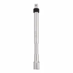 This MILWAUKEE 1/2" drive hand socket extension extends the reach of a ratchet or torque wrench to access recessed fasteners. It features a 1/2 in input and output drive size, 10 in overall length, and a locking mechanism for secure socket attachment. Suitable for automotive, industrial, and mechanical applications.