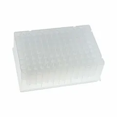 This 96-well plate is made of colorless polystyrene with round wells, each 1.2 mL capacity and 7 mm diameter. It is RNase/DNase free, suitable for molecular biology applications such as sample storage and assays.