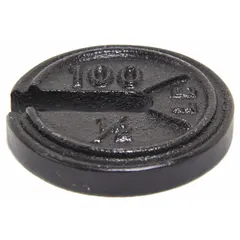 Slotted calibration weight with 0.5 lb nominal mass, Class 7 accuracy. Constructed from cast iron for use in scale calibration and testing applications.