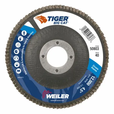 WEILER Flap Disc: Type 27, 4-1/2" x 7/8", Zirconia Alumina, 40 Grit, Phenolic Bk - High-Performance Flap Discs for Carbon & Stainless Steel