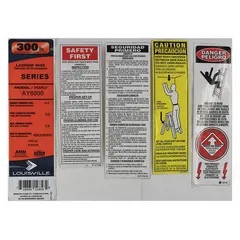Replacement label kit for Louisville Ladder models 1CMV6, 1CMV7, 33J655, 5MRG9, and 5MRH0. Includes safety and identification labels to maintain compliance and readability on job sites. Fits Louisville Ladder brand and is compatible with manufacturer model number AY8004.