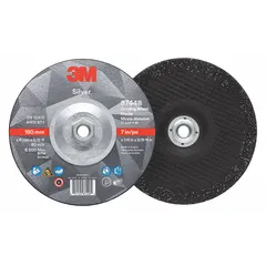 This 3M Silver Series depressed center grinding wheel is designed for cool-cutting on carbon and stainless steel. The 36-grit ceramic construction enables heavy stock removal, weld grinding, and edge chamfering in metal fabrication and maintenance tasks. Dimensions: 7" diameter, 1/4" thickness, 5/8"-11 arbor.