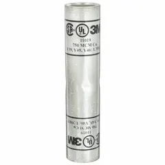 Crimped butt splice compression connector for joining 750 kcmil copper wire. Features a black color code and a 5.88-inch copper barrel. Requires die code 106 for installation. Used in heavy-duty electrical applications such as power distribution and utility networks.