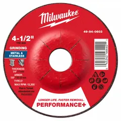 This MILWAUKEE grinding wheel is a Type 27 depressed-center wheel with dimensions 4-1/2 x 1/4 x 7/8 inches. It features a zirconia alumina abrasive blend with 24 grit, designed for high-performance grinding on carbon and stainless steel. Suitable for weld preparation, deburring, and surface blending in fabrication and maintenance applications.