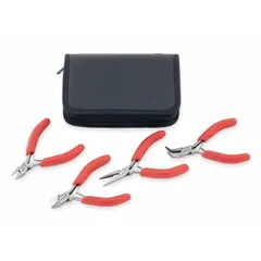 This 4-piece set includes bent needle nose and long nose pliers with standard cushion grips and spring return. The pliers range from 2 to 5 inches. ESD-safe construction protects sensitive components during electronics assembly and repair.
