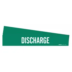 Green adhesive pipe marker with white 'Discharge' legend, designed for pipe outer diameters from 2-1/2 to 7-7/8 inches. Each pack contains 5 markers without arrows. Suitable for identifying discharge piping in industrial and facility applications.