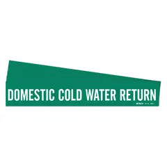 Green adhesive pipe marker with white legend text reading 'Domestic Cold Water Return.' Fits pipe outside diameters from 2-1/2 to 7-7/8 inches. Sold in a 5-pack without arrows. Used for identifying domestic cold water return lines in plumbing systems.