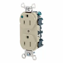 This hospital-grade duplex receptacle from Leviton is rated 125V AC and 15 A with a 5-15R configuration. It is designed for general-purpose power distribution in settings requiring enhanced durability and safety, such as healthcare facilities and commercial buildings. The ivory finish suits standard wall plate installations.